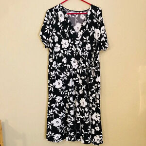 Black & White Floral Print Faux Wrap Midi Empire Waist Dress Plus Size
